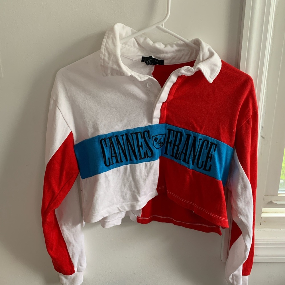 Red n White Colorblock Collared Crop Top